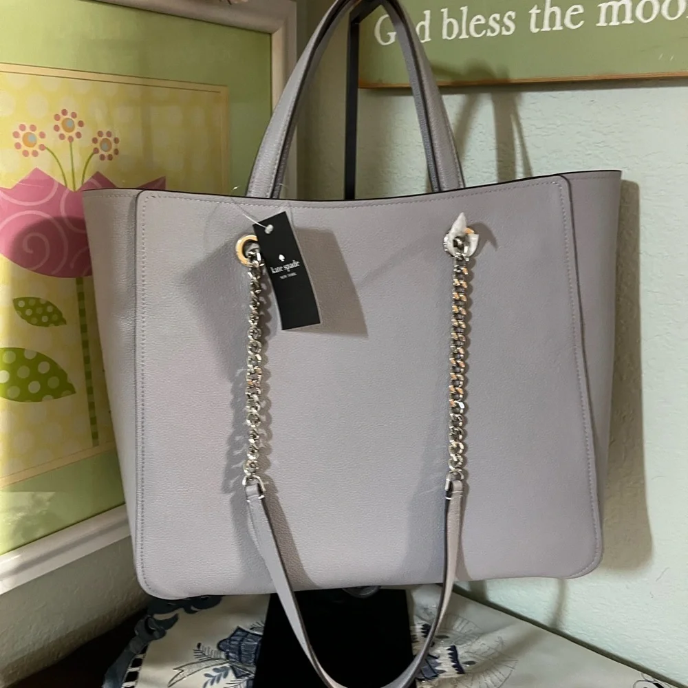 Kate Spade Light Gray Pebble Leather Chain Strap Tote NWT